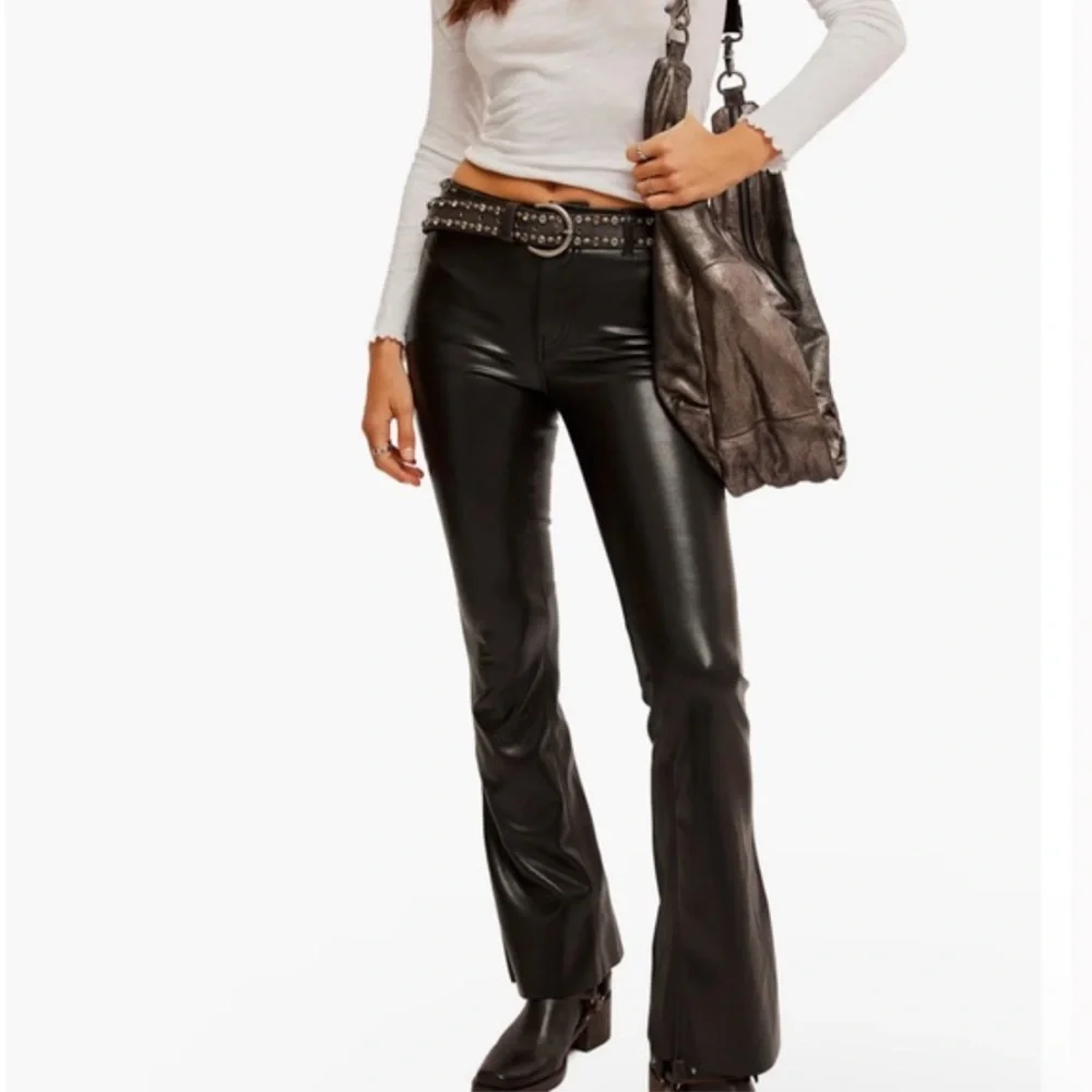 Free People | Women’s Black Faux Leather Bootcut Pants Diagonal Knee Seam Size 2